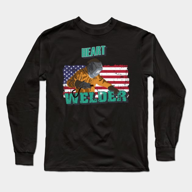 Heart welder US flag distressed welding man Long Sleeve T-Shirt by HomeCoquette